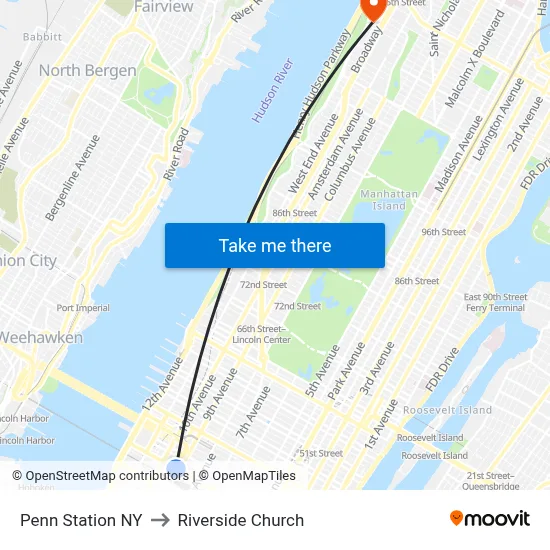 Penn Station NY to Riverside Church map