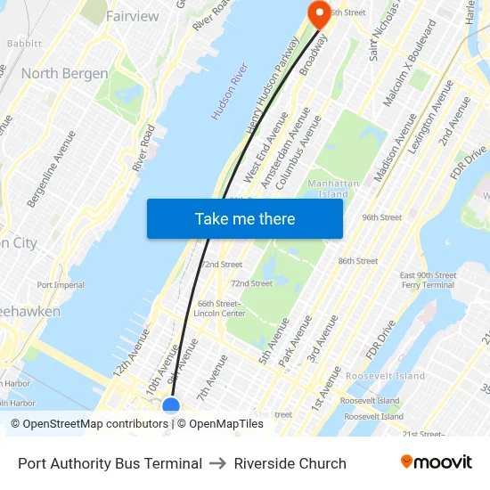 Port Authority Bus Terminal to Riverside Church map