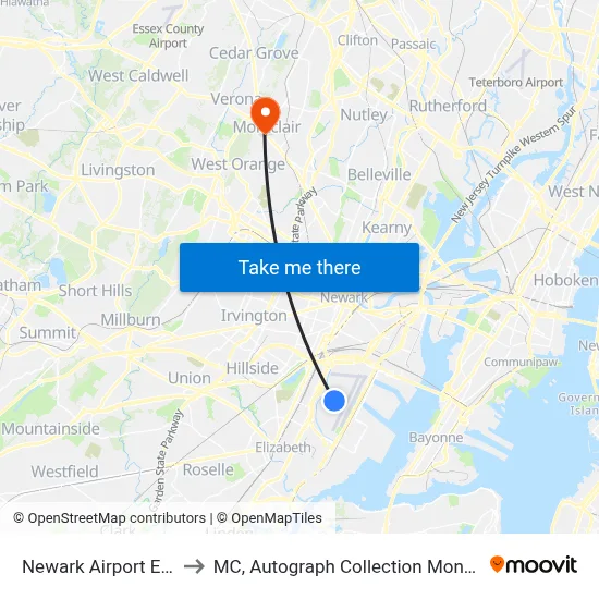 Newark Airport EWR to MC, Autograph Collection Montclair map