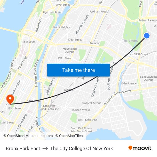 Bronx Park East to The City College Of New York map