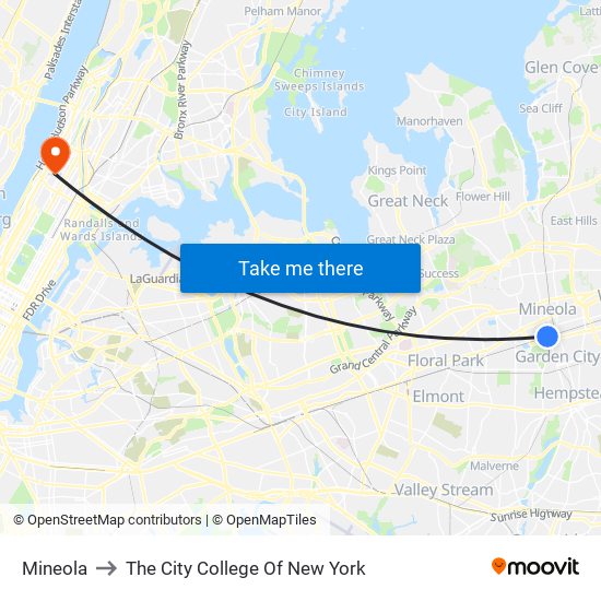 Mineola to The City College Of New York map