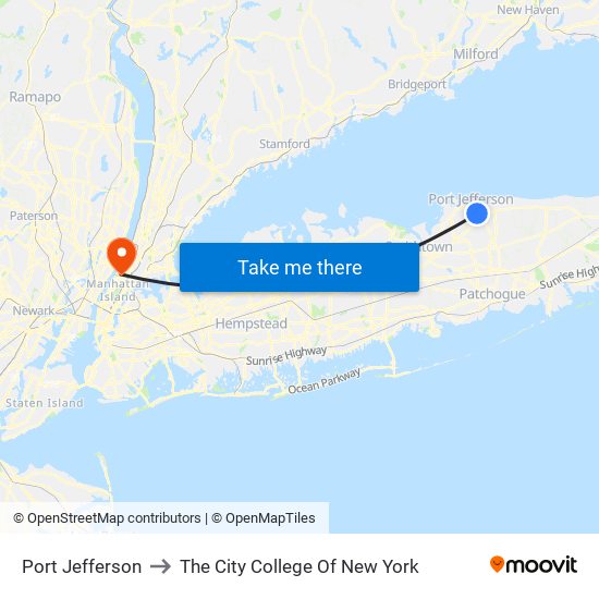 Port Jefferson to The City College Of New York map