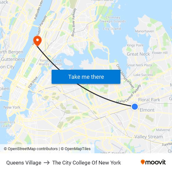 Queens Village to The City College Of New York map
