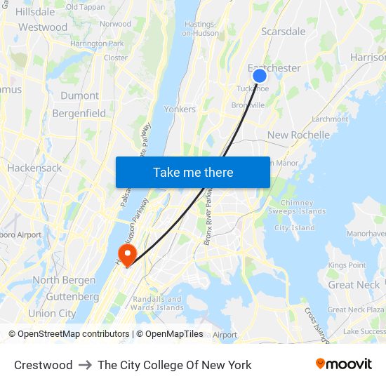 Crestwood to The City College Of New York map