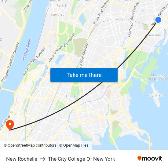 New Rochelle to The City College Of New York map