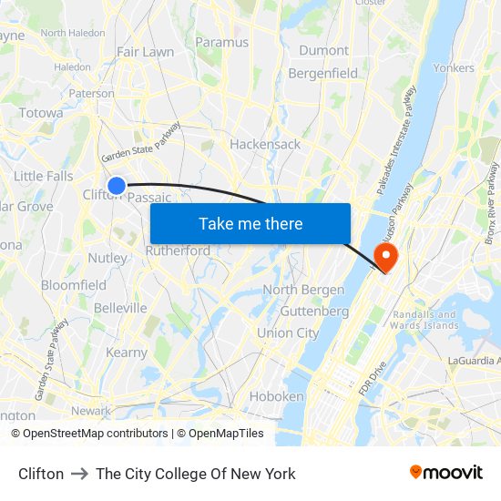 Clifton to The City College Of New York map