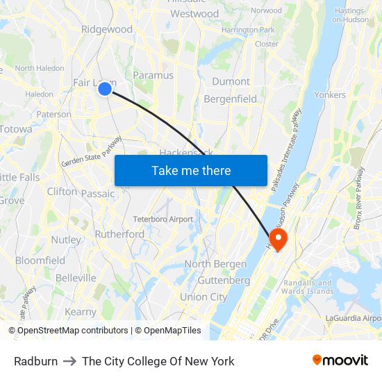 Radburn to The City College Of New York map