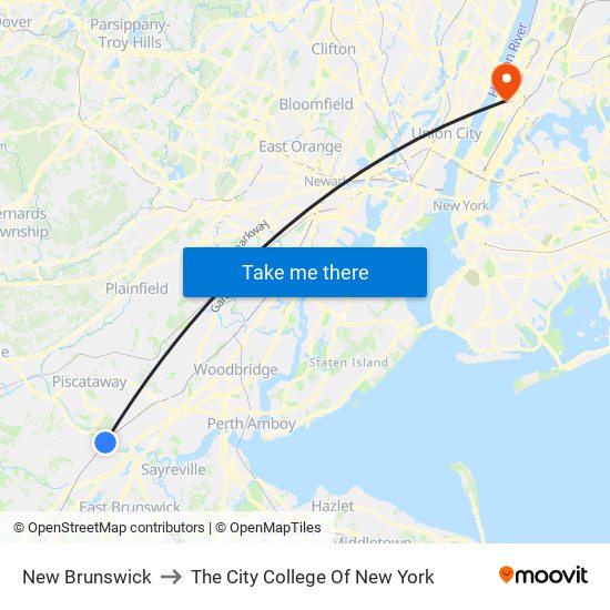 New Brunswick to The City College Of New York map