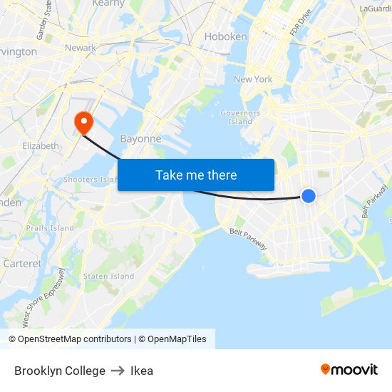 Brooklyn College to Ikea map