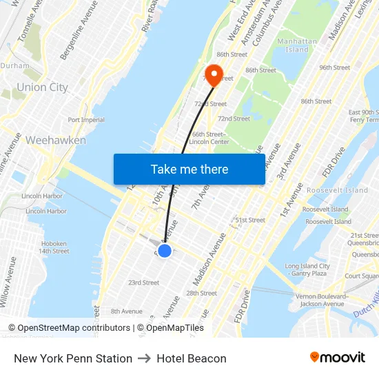 New York Penn Station to Hotel Beacon map