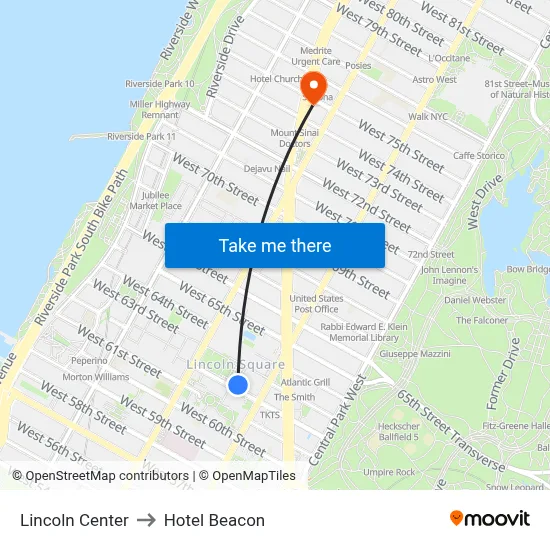 Lincoln Center to Hotel Beacon map