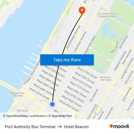 Port Authority Bus Terminal to Hotel Beacon map