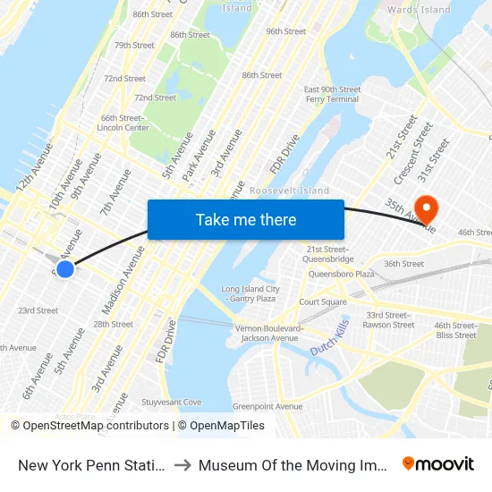 New York Penn Station to Museum Of the Moving Image map