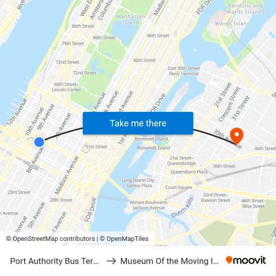 Port Authority Bus Terminal to Museum Of the Moving Image map