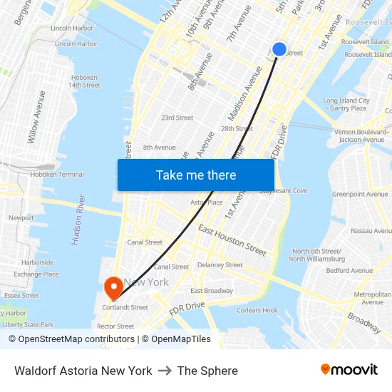 Waldorf Astoria New York to The Sphere map