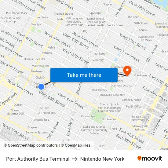 Port Authority Bus Terminal to Nintendo New York map