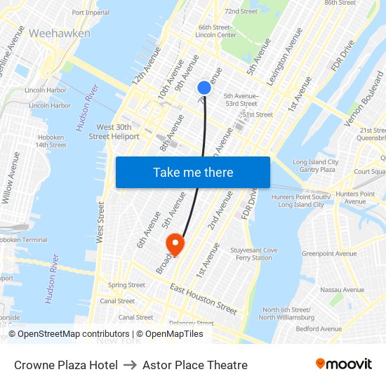 Crowne Plaza Hotel to Astor Place Theatre map