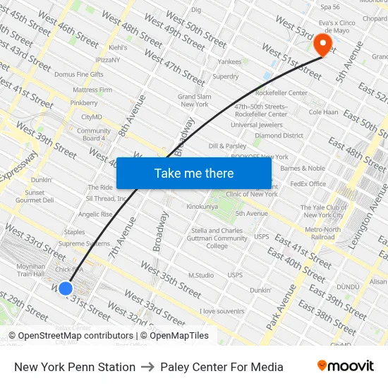 New York Penn Station to Paley Center For Media map
