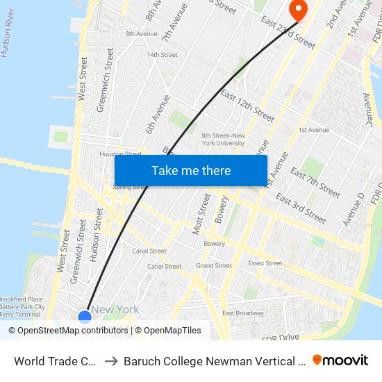 World Trade Center to Baruch College Newman Vertical Campus map