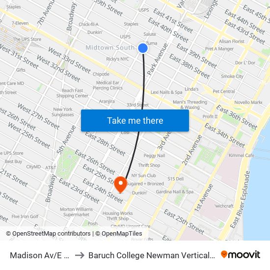 Madison Av/E 37 St to Baruch College Newman Vertical Campus map