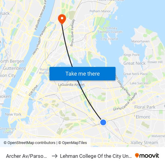 Archer Av/Parsons Blvd Bay D to Lehman College Of the City University Of New York map