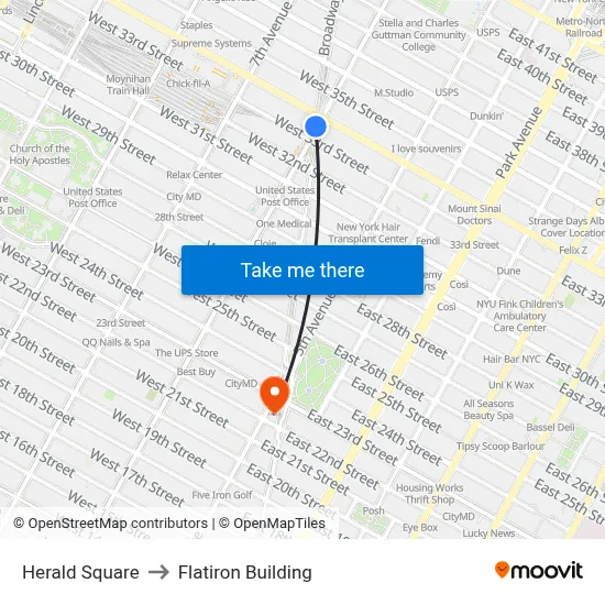 Herald Square to Flatiron Building map