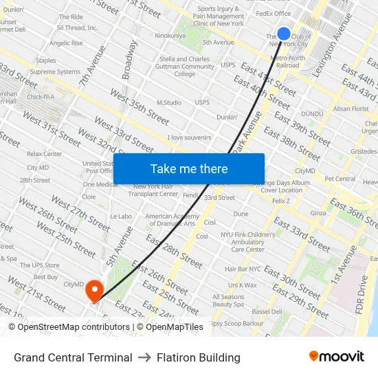 Grand Central Terminal to Flatiron Building map