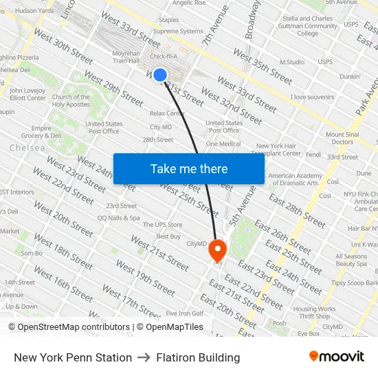 New York Penn Station to Flatiron Building map