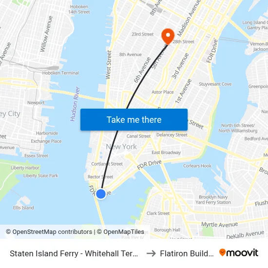 Staten Island Ferry - Whitehall Terminal to Flatiron Building map