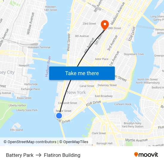 Battery Park to Flatiron Building map