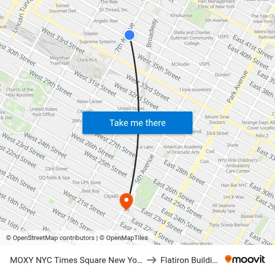 MOXY NYC Times Square New York to Flatiron Building map