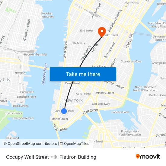 Occupy Wall Street to Flatiron Building map