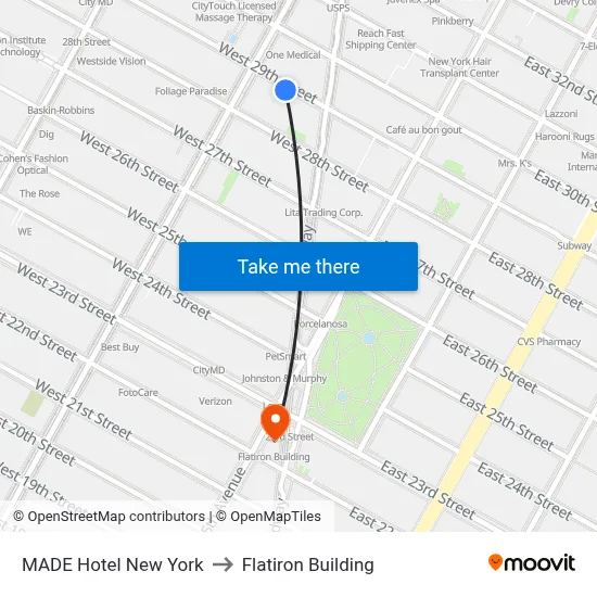 MADE Hotel New York to Flatiron Building map