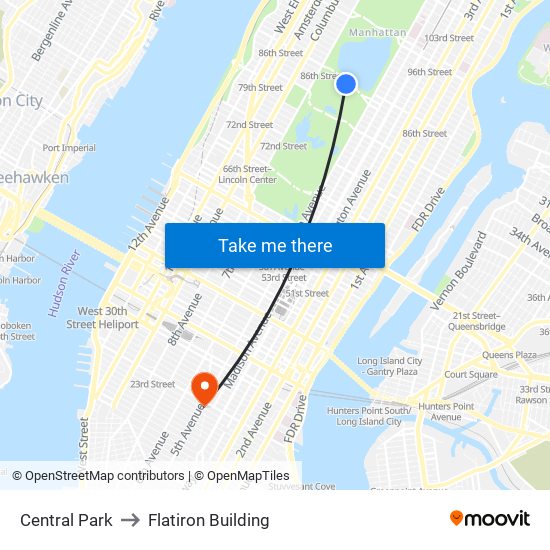 Central Park to Flatiron Building map