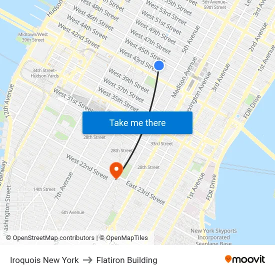 Iroquois New York to Flatiron Building map