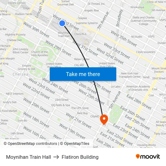 Moynihan Train Hall to Flatiron Building map