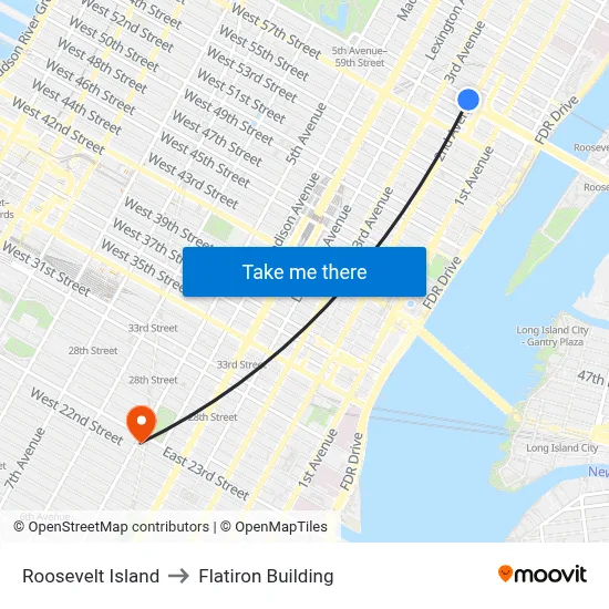 Roosevelt Island to Flatiron Building map