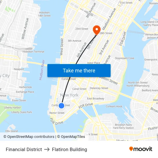 Financial District to Flatiron Building map