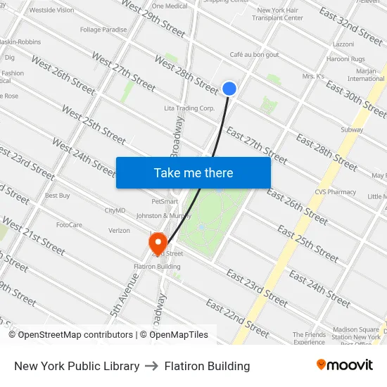 New York Public Library to Flatiron Building map