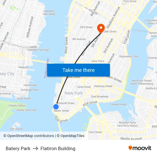 Batery Park to Flatiron Building map