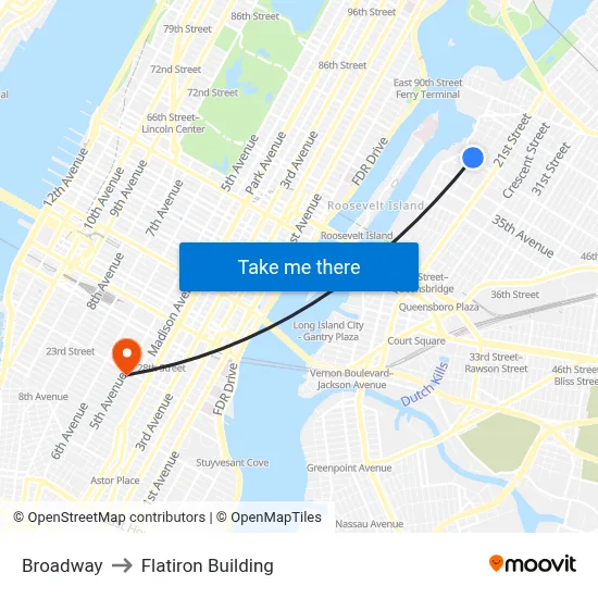 Broadway to Flatiron Building map