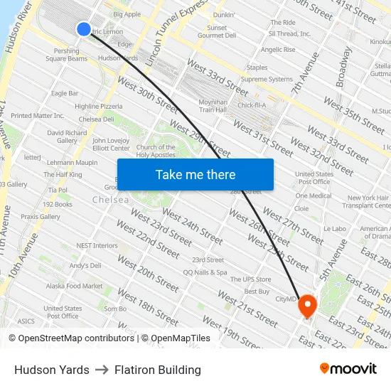 Hudson Yards to Flatiron Building map
