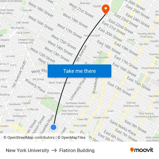 New York University to Flatiron Building map
