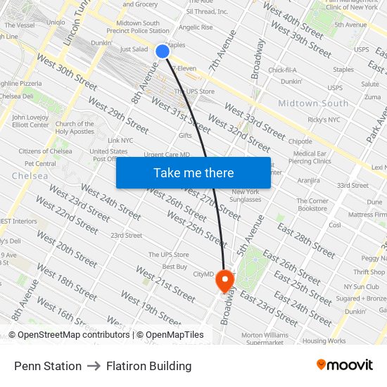 Penn Station to Flatiron Building map