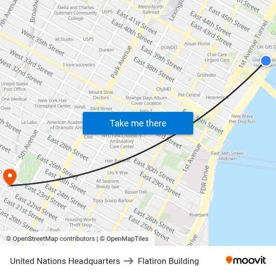 United Nations Headquarters to Flatiron Building map