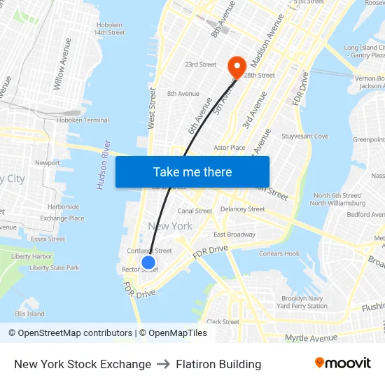 New York Stock Exchange to Flatiron Building map