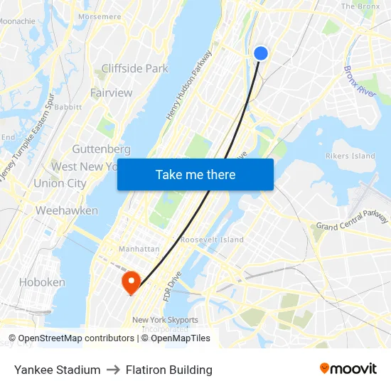 Yankee Stadium to Flatiron Building map