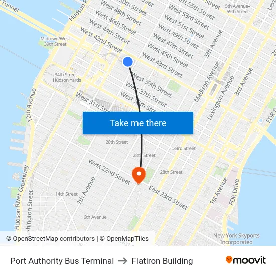 Port Authority Bus Terminal to Flatiron Building map