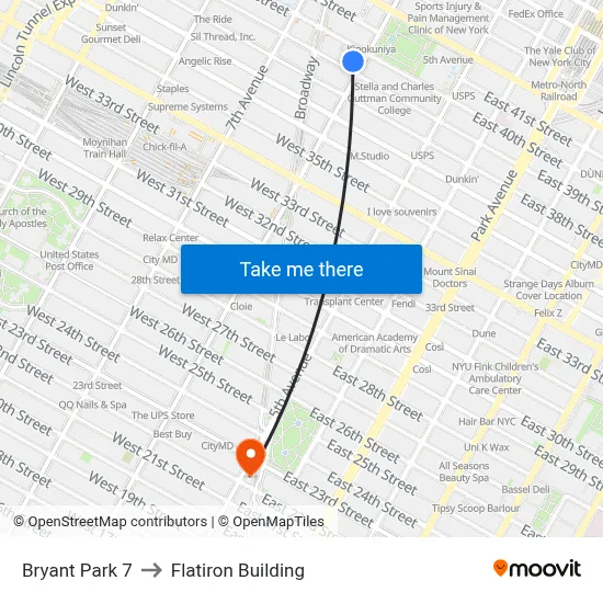 Bryant Park 7 to Flatiron Building map