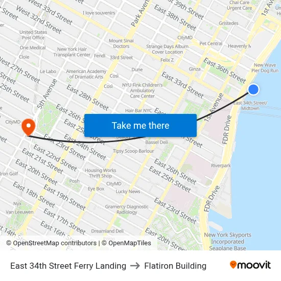 East 34th Street Ferry Landing to Flatiron Building map
